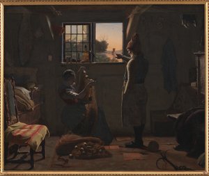 Bir balıkçı kızına bir yelkenli tekneyi gösteriyor. by Christen Dalsgaard