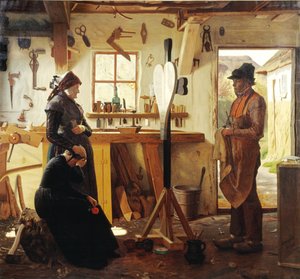 İki kadın, sipariş edilen mezar haçını görmek için köy ressamını ziyaret ediyor by Christen Dalsgaard