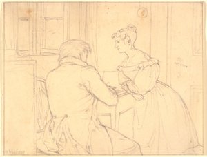 Ressam C.D.Gebauer, Jomfru Margrethe Hahn için çizim yapıyor by Christen Købke