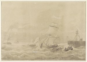 Yelkenli gemilerle çalkantılı deniz by Christiaan Cornelis Kannemans