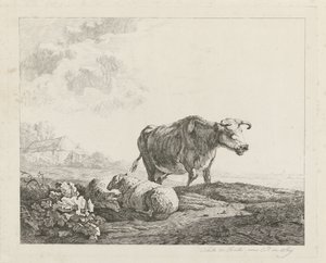 Bir inek ve iki koyun ile manzara by Christiaan Godfried Schutze van Houten