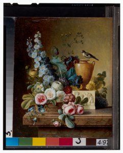 Mermer Kenarda Çiçek Vazosu ve Saka Kuşu Bulunan Çiçek Sepeti by Christiaan van Pol