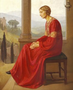 Bir İtalyan manzarasında bir terasta oturan kırmızı elbiseli bir kadın by Christian Bang