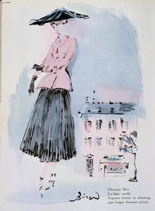 Christian Dior imzalı moda plakası, 'Vogue' dergisinden illüstrasyon, Haziran 1947 (renkli gravür)