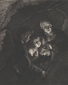 Bir tencerede yanan kömür tutan yaşlı bir kadınla bir mağarada gece sahnesi, bir çocuk üfleme..., ca. 1750-57 by Christian Friedrich Boëtius