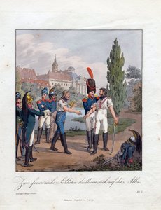 ""İki Fransız askerinin düellosu"" Christian Gottfried Heinrich Geissler (1770-1844) tarafından suluboya 1808 Özel koleksiyon