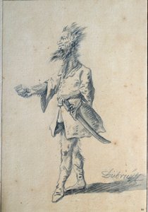 Vahşi adam Karikatürü, uzun, kıllı bir boynu ve yarık kulakları olan canavar bir adamı tasvir ediyor. Lavis, Christian Wilhelm Ernst Dietrich (1712-1774) 18. yüzyıl Güneşi. 0,3x0,2 m Paris, Louvre Müzesi