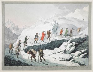 Horace Bénédict de Saussure ve rehberleri Month Blanc buzulunu geçerken (gravür)