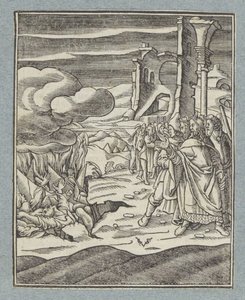 Korah, Datan, Abiram ve aileleri yeryüzü tarafından yutuldu by Christoffel van Sichem (II)
