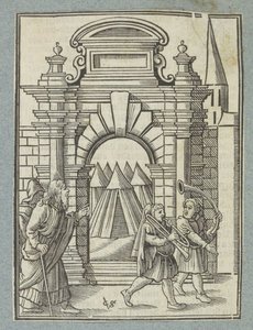 Topluluğu bir araya getirmek için iki gümüş trompet kullanılır by Christoffel van Sichem (II)