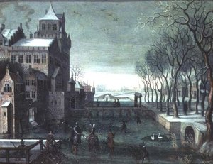 Bir Hendek Kalesinin Yanında Paten Yapan Figürlerle Bir Kış Manzarası by Christoffel van den (circle of) Berghe