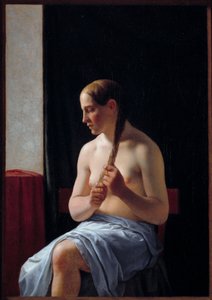 Çıplak model oturuyor. Saçını ören bir kadının portresi (örgü). Christoffer Wilhelm Eckersberg