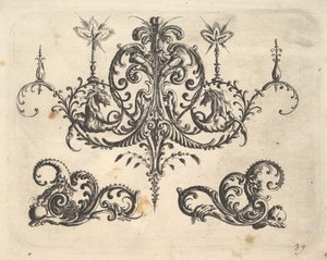 Yanan mumlar ve arabesklerle süslü, bazıları fantastik atla biten fantastik bir avize..., 1610.