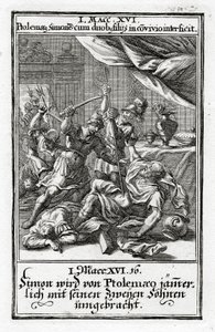 Simon ve iki oğlu Batlamyus tarafından öldürülür.1 Makkabiler 14:16, 1695