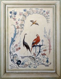 Champs sur Marne şatosunun geniş oturma odasının kuş işaretleri. Christophe Huet (1700-1759) tarafından yapılan boyama