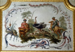 Marn üzerinde tarlaların kalesinin geniş oturma odasının devekuşu avı paneli. Christophe Huet tarafından boyanmış duvar dekoru by Christophe Huet
