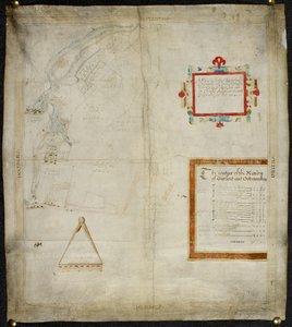 Murston ve Sittingbourne, co#39;daki Bayford ve Goodmanston malikanelerinin haritası. Kent: 1590 (parşömen üzerine mürekkep ve renkli yıkama)