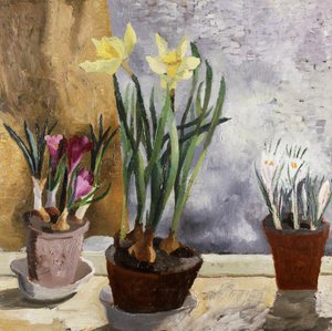 Saksıda çiğdem ve nergis (daffodils). Christopher Wood (1901-1930) tarafından yapılmış resim Özel koleksiyon.