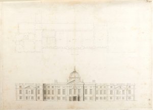 Hampton Court Palace, 5 ve 6 numaralı muhtemelen 2. şema için bir giriş cephesi için kısmi plan ve eskiz cephesi