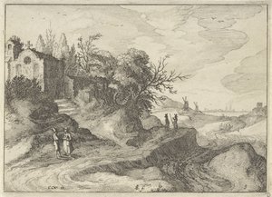 Dolambaçlı bir köy yolunda şapel Hollanda manzaraları (dizi başlığı) Amaeniores Aliquot Regiunculae (nesne üzerinde dizi başlığı) by Claes Jansz. Visscher (II)