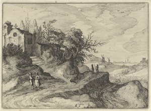 Dolambaçlı bir köy yolunda şapel Hollanda manzaraları (dizi başlığı) Amaeniores Aliquot Regiunculae (nesne üzerinde dizi başlığı) by Claes Jansz. Visscher (II)