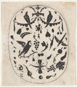 Kuşlar, Böcekler ve Meyveler ile Oval Blackwork Baskı, ca. 1620. by Claes Jansz Visscher