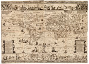 Levha, kart üzerine yapıştırılmış sekiz kesit ve bir gravürün birleşiminden oluşmaktadır. Ölçek: yaklaşık 1:35.000.000. by Claes Jansz Visscher