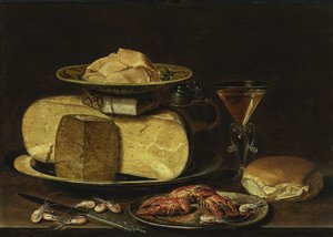 Peynirli Natürmort, Glas à la façon de Venise ve kerevit kalaylı bir tabakta