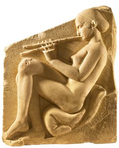 Aulos oyuncusu. Afrodit Sunağı, sözde Ludovisi Tahtı, Sol panel, MÖ 430 civarı