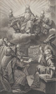 Aşağıda toplanmış bir grup adam size bakarken bulutların üzerinde beliren alegorik figür..., 1728.