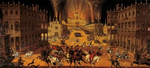 Dört element: ateş. Louis XIII zamanında gösteri ve binicilik turnuvası. Sağda kostüm kralı at sırtında gösteriye katılırken, Kardinal Richelieu bir balkondan sahneyi izliyor. Claude Deruet (1588-1662) 1640 O tarafından boyama