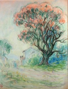 Pembe ağaç (kağıt üzerinde pastel)