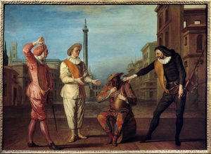 Comedia dell'Arte: “” Andre Ustanın Mezarı””” Jean de la Fontaine'in “L'oyre et les deux litideurs” adlı masalından esinlenerek Brugiere de Barante'nin komedisinin illüstrasyonu. Mezzetin ve Scaramouche bir şişe için savaşıyor. Harlequin, h