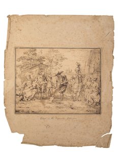 Les quatre âges de la vie: Bir bahçede yedi figür, biri kürekle kazıyor (kalem ve kahverengi mürekkep) by Claude Gillot