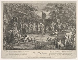 Evlilik Le Mariage: Bir ormanda, yaşlı bir satir nişanlı ile evlenir. 1700-1720. by Claude Gillot