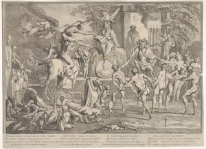 Witches Sabbath, bir gece manzarası içinde, en tepede oturan bir büyücü..., ca. 1700-1720.