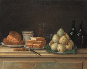 Tabaklarda armut ve ekmek, taş bir çıkıntının üzerinde şarap ve bardak şişeleri (tuval üzerine yağlı boya) by Claude Joseph Fraichot
