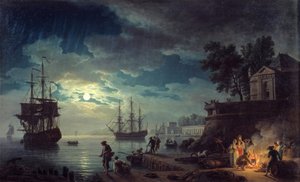 Ay ışığında balık tutma Erkeklerin kamp ateşi yaktığı bir limanın gece manzarası. Joseph Vernet tarafından boyama by Claude Joseph Vernet