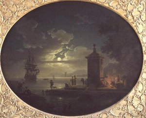 Gece: Rıhtımda bir ateşin yanında Balıkçılar ile Mehtaplı bir kıyı manzarası, ötesinde bir Savaş Adamı by Claude Joseph Vernet