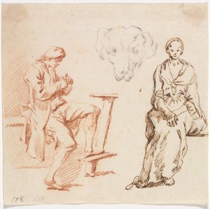 Çalışma Sayfası: Oturan Adam, Köpeğin Başı, Oturan Kadın, 1700'ler. by Claude Joseph Vernet