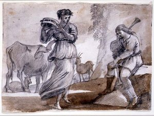 Kırsal Dans (siyah ve kırmızı tebeşir ve kağıt üzerinde yıkama) by Claude Lorrain