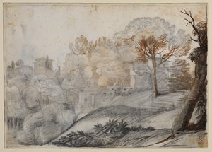 Ağaçlar ve binalar ile manzara by Claude Lorrain