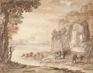 Perseus ve Mercanın Kökeni, c.1671 (siyah tebeşir, sepya ve siyah mürekkep, sepya ve beyazla gri yıkama) by Claude Lorrain