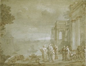 Dido ve Aeneas ile Kartaca'nın görünümü, 1676 (yıkama ve tebeşir ile kalem ve mürekkep, kağıt üzerinde beyaz ile yükseltilmiş) by Claude Lorrain