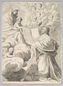Kardinal Richelieu, Diz çökmüş, Kitabını Bakire ve Çocuğa Sunar, yaklaşık. 1646. by Claude Mellan