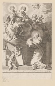 H. Bernard, Bakire ve Çocuğun bir görüntüsünün önünde diz çöküyor Başlık sayfası: Saint Bernardus, Divi Bernardi Abbatis (...), 1640 by Claude Mellan