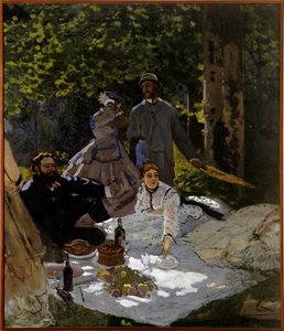 Çim parçası üzerinde kahvaltı. Sol kısım. Sağ taraf: Gustave Courbet, Camille Doncieux ve Frederic Bazille