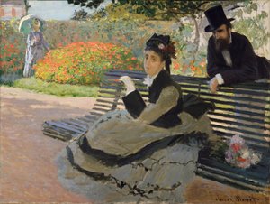 Camille Monet bir bahçe bankında by Claude Monet