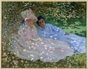 Bayan Monet ve bahçede bir arkadaş. Bir ağacın gölgesinde oturan iki kadın. Claude Monet