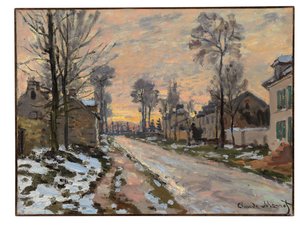Louveciennes Yolu, eriyen kar, batan güneş, 1869-70 dolayları by Claude Monet